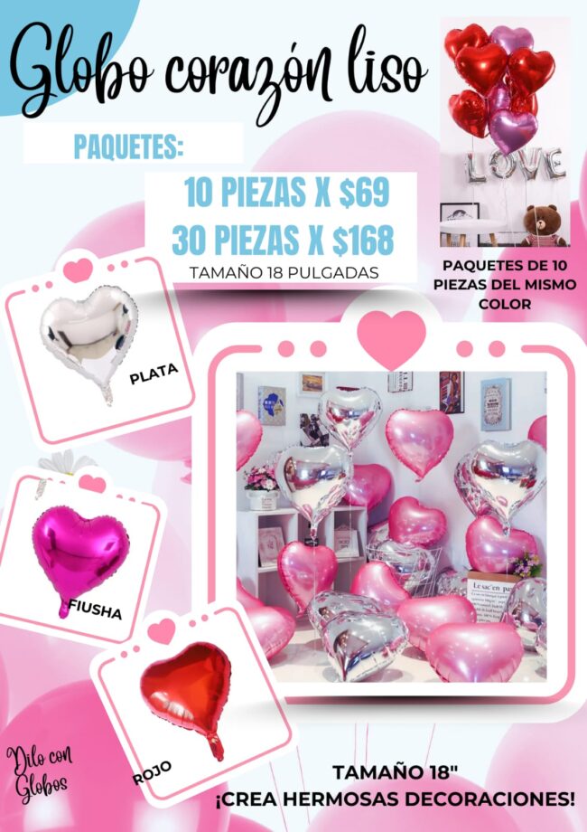 Paquete globo corazon liso 18 pulgadas 10 piezas c-16